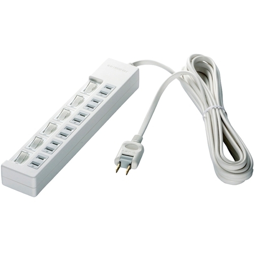 ２ピン式電源タップ　６個口タイプ　雷サージ防止／個別スイッチ付　２ｍ　ホワイト　■お取り寄せ品
