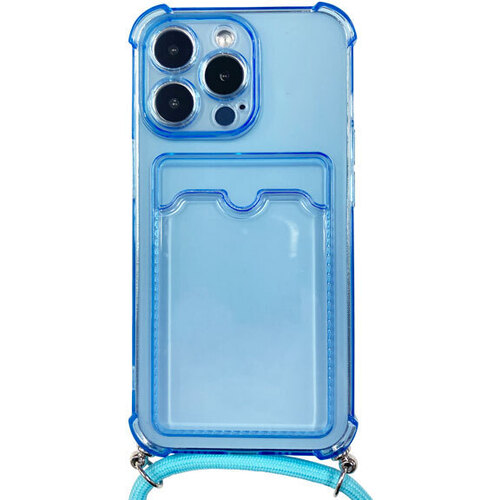 ｉＰｈｏｎｅ　１３　Ｐｒｏ対応　クリア（ブルー）ケース／ロングストラップ／カードポケット付　■お取り寄せ品