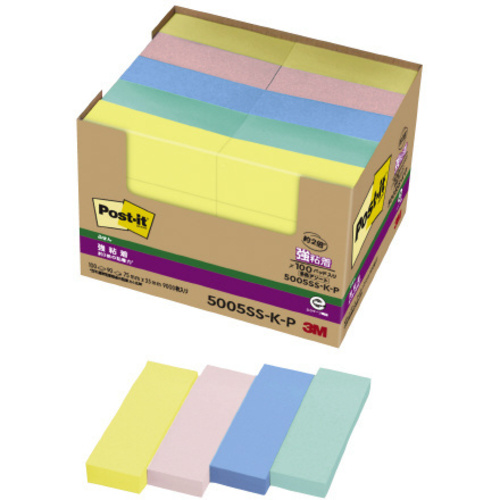 強粘着ふせん　７５×２５ｍｍ　パステルカラー　４色混色　大容量　１００冊