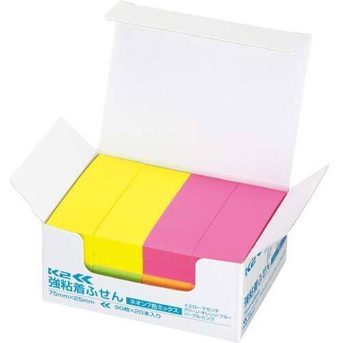 強粘着ふせん　Ｋ２　７５×２５　ネオン混色２０冊
