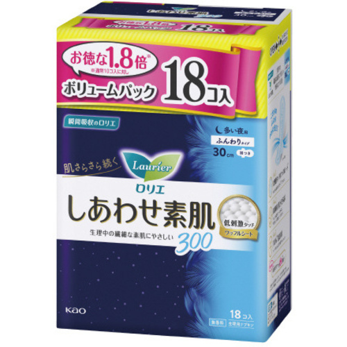 ロリエ　しあわせ素肌　ボリュームパック　多い夜用３０ｃｍ　羽つき　１８個&times;８
