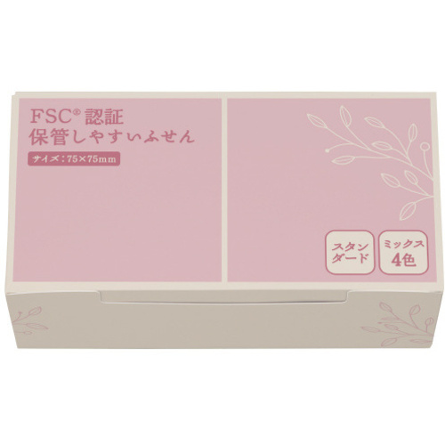 ＦＳＣ（Ｒ）認証　保管しやすいふせん　７５×７５ｍｍ　パステルカラー　ミックス４色　１０冊