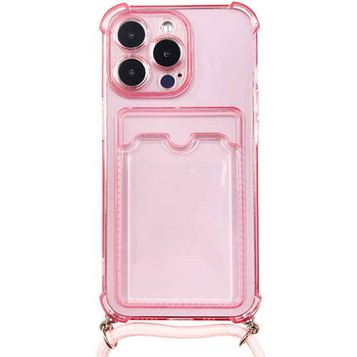 ｉＰｈｏｎｅ　１３　Ｐｒｏ対応　クリア（ピンク）ケース／ロングストラップ／カードポケット付　■お取り寄せ品