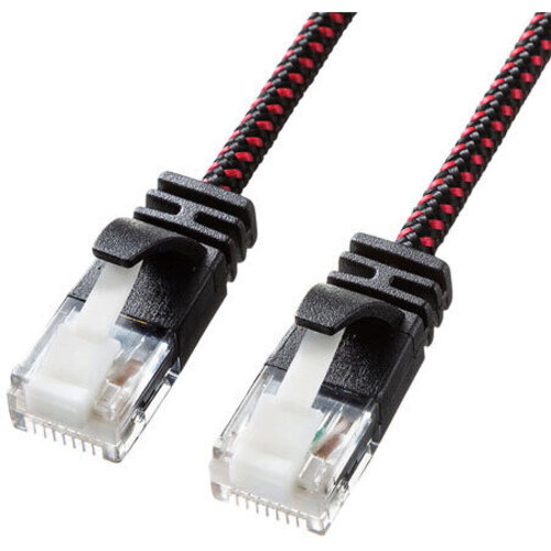 つめ折れ防止カテゴリ６Ａ細径メッシュＬＡＮケーブル（ブラック＆レッド・１０ｍ）　■お取り寄せ品