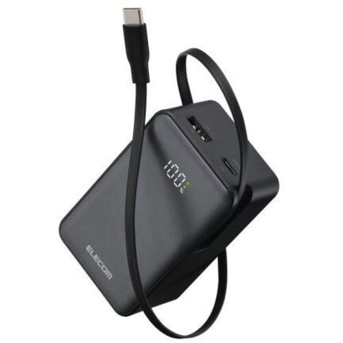 モバイルバッテリー／巻取式ＵＳＢ－Ｃケーブル／２２．５Ｗ／ブラック　ＤＥ－Ｃ８０Ｌ－１００００ＢＫ　■お取り寄せ品