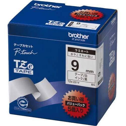 ピータッチ　ラミネート白色テープ　９ｍｍ黒文字５個