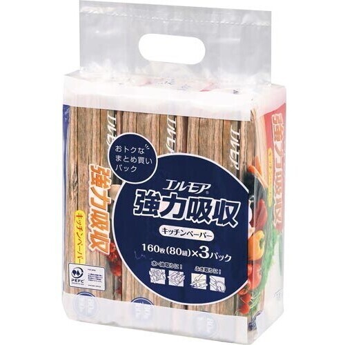 エルモア　強力吸収キッチンペーパー　８０Ｗ３Ｐ