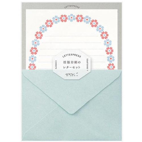 レターセット　活版　花フレーム柄　水色　８６４７８