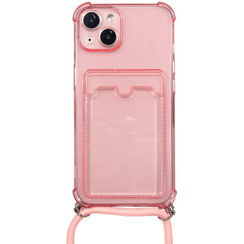 ｉＰｈｏｎｅ　１３対応　クリア（ピンク）ケース／ロングストラップ／カードポケット付　■お取り寄せ品