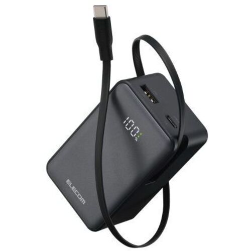 モバイルバッテリー／巻取り式ケーブル一体／ブラック　ＤＥ－Ｃ８２Ｌ－１００００ＢＫ　■お取り寄せ品