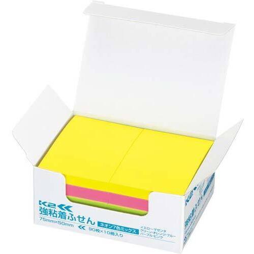 強粘着ふせん　Ｋ２　７５×５０　ネオン混色１０冊
