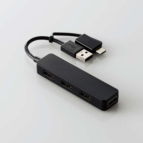 ＵＳＢ　ＨＵＢ２．０／Ｔｙｐｅ－Ｃ変換アダプタ付き／カラフルモデル／バスパワー／４ポート／ブラック　■お取り寄せ品