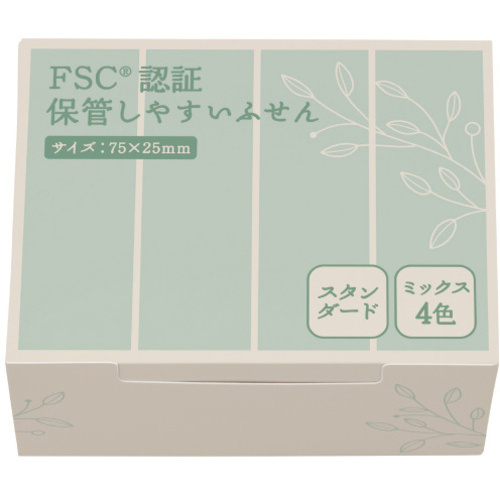 ＦＳＣ（Ｒ）認証　保管しやすいふせん　７５×２５ｍｍ　パステルカラー　ミックス４色　２０冊