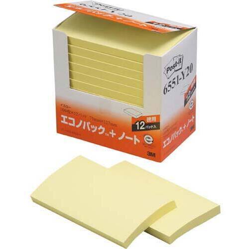 ポストイット　再生紙ノート　７５×１２７　黄１２冊