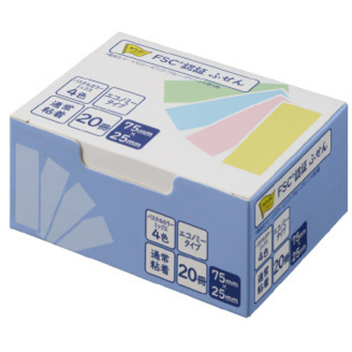 ふせんエコノミー７５&times;２５　１００枚４色２０冊&times;５