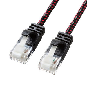 つめ折れ防止カテゴリ６Ａ細径メッシュＬＡＮケーブル（ブラック＆レッド・３ｍ）　■お取り寄せ品