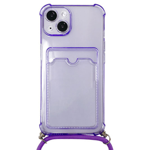 ｉＰｈｏｎｅ　１３対応　クリア（パープル）ケース／ロングストラップ／カードポケット付　■お取り寄せ品
