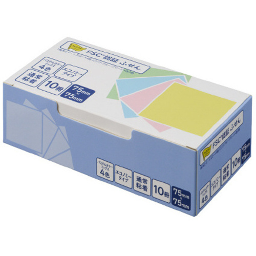 ふせんエコノミー　７５&times;７５　１００枚　４色１０冊