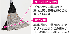 ポリプロピレン面：プラスチック製なので、濡れた落ち葉等を掃くのに適しています 黒シダ面：繊維が細く、柔らかいのでチリ・ホコリなどの細かいゴミを掃くのに適しています