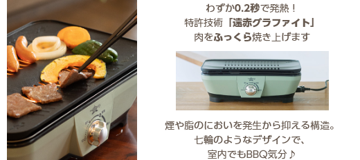 わずか0.2秒で発熱！特許技術「遠赤グラファイト」肉をふっくら焼き上げます 煙や脂のにおいを発生から抑える構造。七輪のようなデザインで、室内でもBBQ気分♪