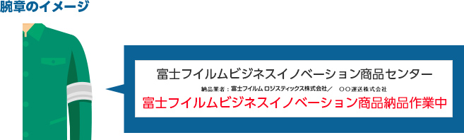 腕章のイメージ 富士フイルムビジネスイノベーション商品センター 納品業者:富士フイルムロジスティックス株式会社/○○運送株式会社 富士フイルムビジネスイノベーション 商品納品作業中