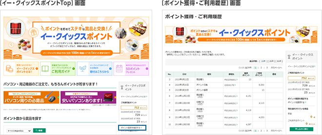 ［イー・クイックスポイントトップ］画面 ［ポイント獲得・ご利用履歴］画面